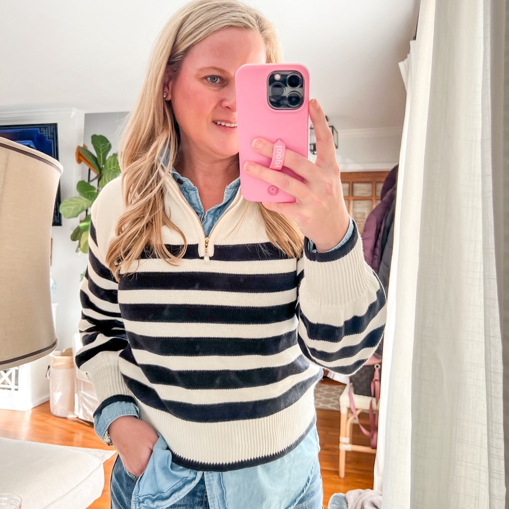 JCrew Factory Striped half-zip sweater with pearl zipper